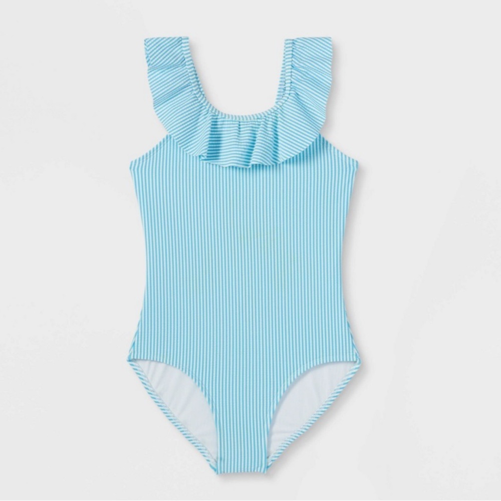 Blue Striped Ruffle Swimsuit